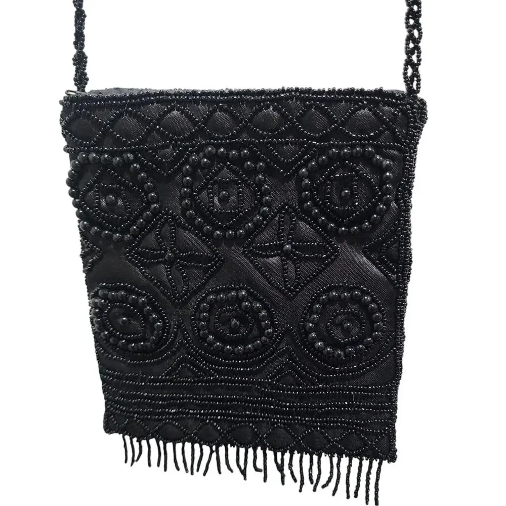 Vintage Black Beaded Crossbody‎ Purse Fringe Evening Boho Clutch Bag